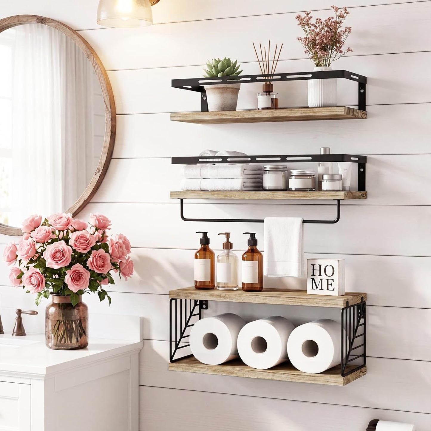 Fixwal Wall Mounted Bathroom Shelves Over Toilet (3+1 Light Brown) | Wall Shelf with Basket Storage , Towel Bar, Solid