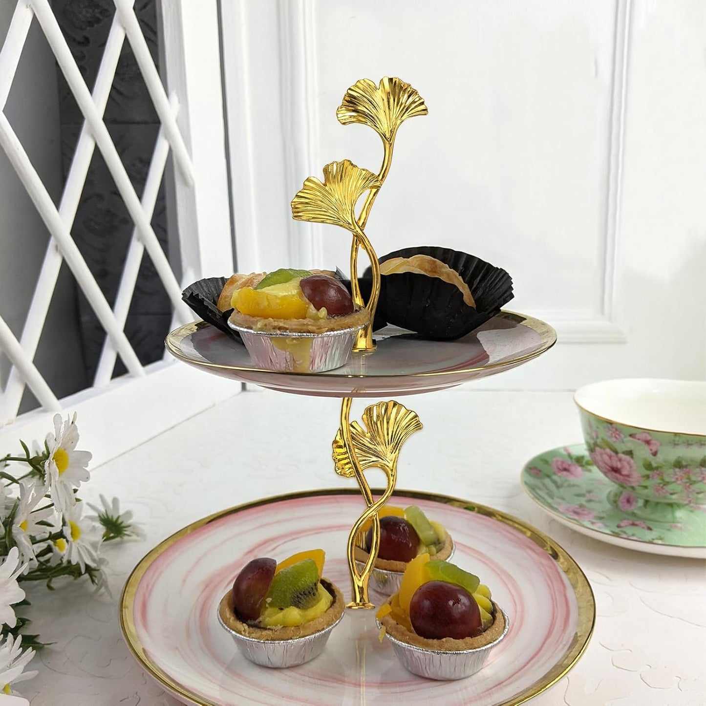 2 Tiers Cake Tray Stand Handle Metal Cake Stands Holder Cupcake Dessert Plate / Gold / Set of 3