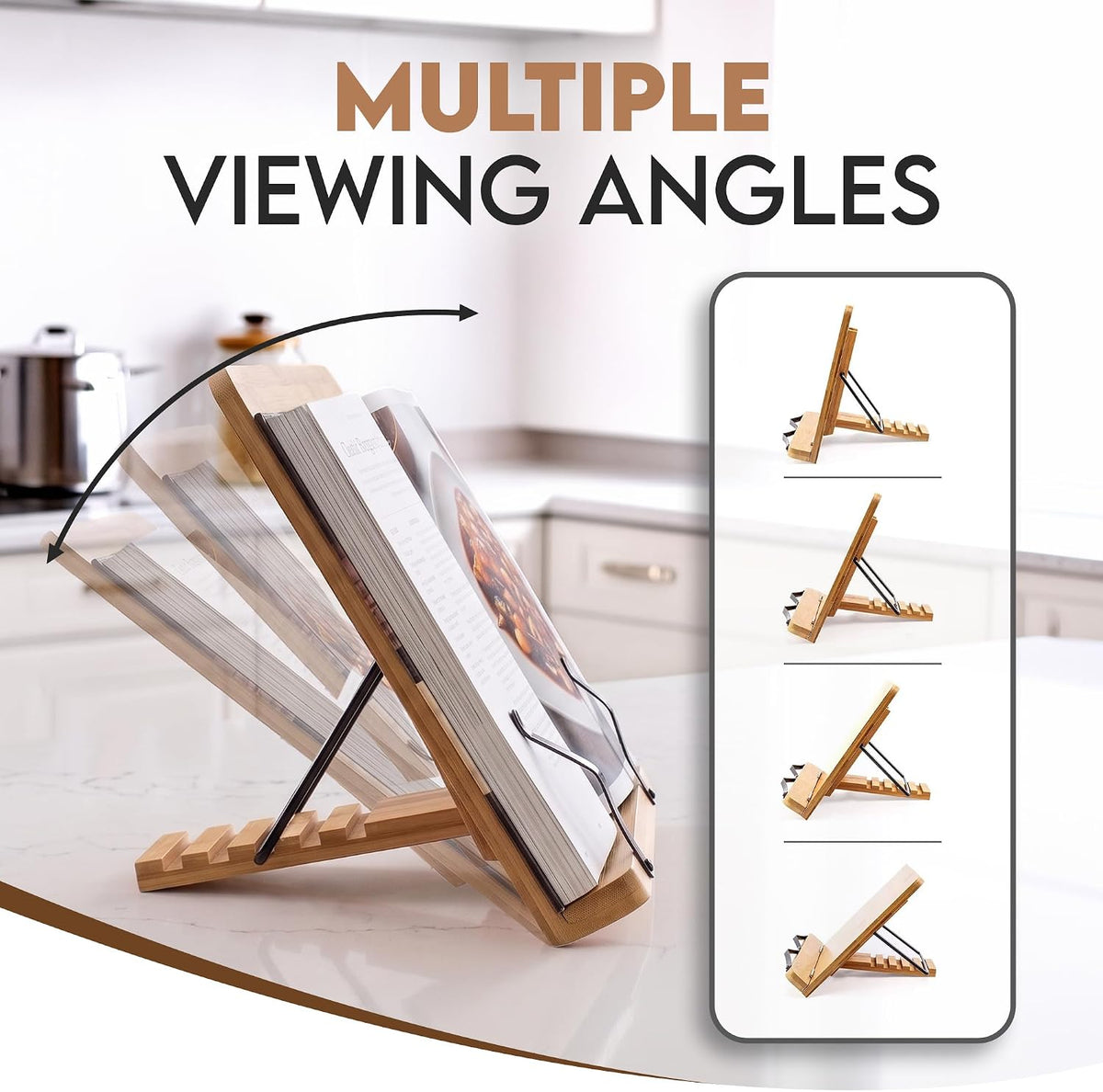 Bamboo Cookbook Stand Medium, Adjustable Book Holder Tray and Page Paper Clips -4-Position Recipe Book Stand Holds