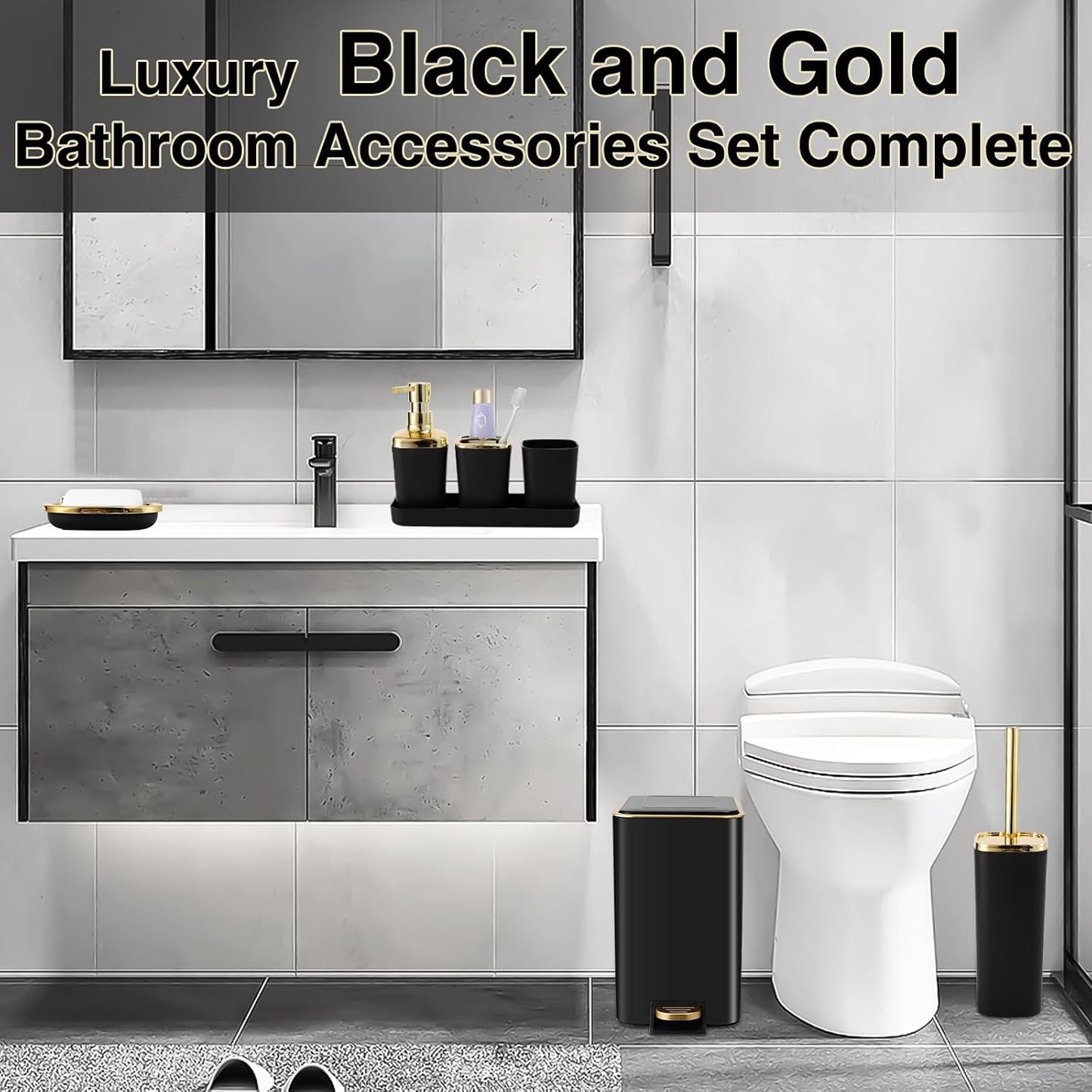 XLHOMO Black Bathroom Accessories 8 Piece Black and Gold Bathroom Set, Bathroom Accessories with Stainless Steel