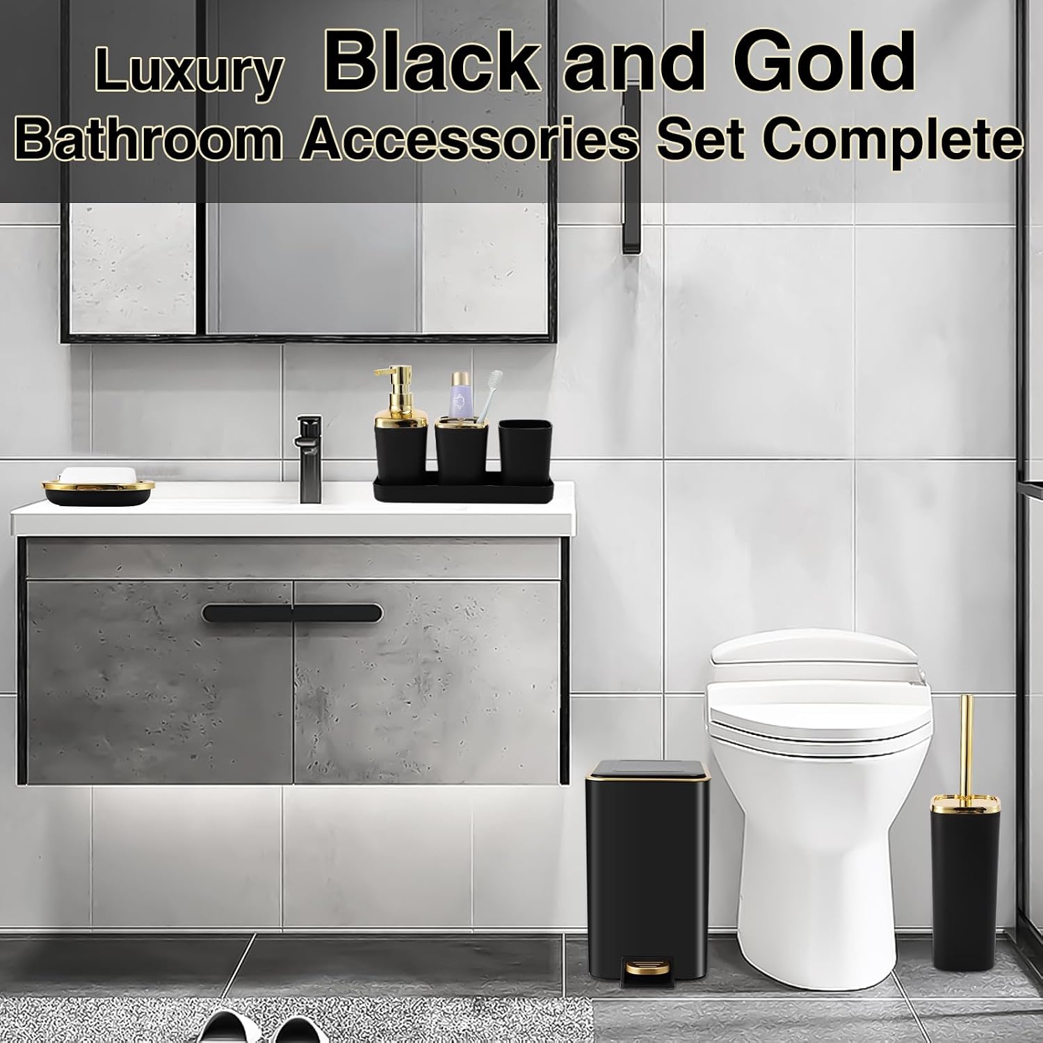 XLHOMO Black Bathroom Accessories 8 Piece Black and Gold Bathroom Set, Bathroom Accessories with Stainless Steel