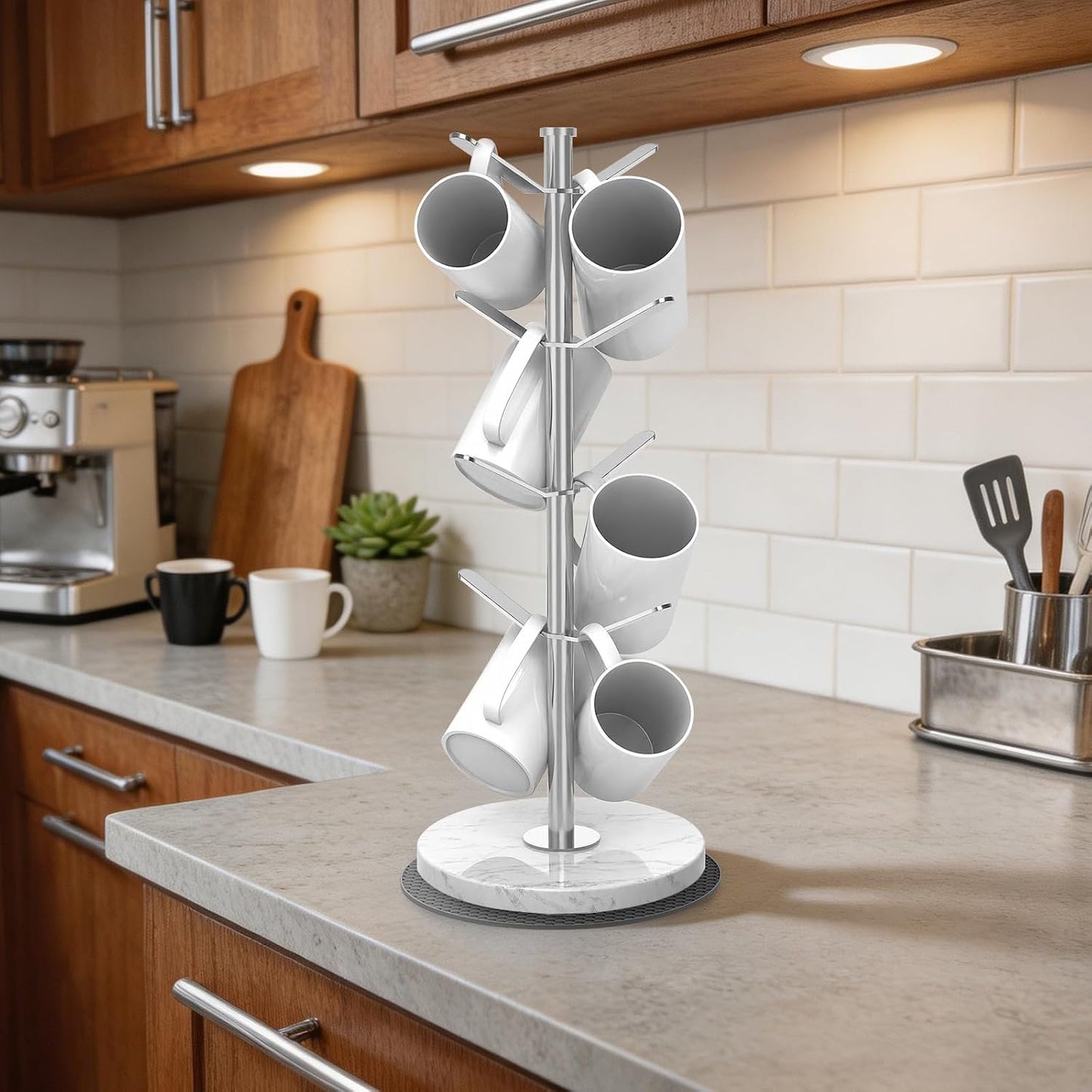 Silver Marble Mug Holder Tree with 2–8 Adjustable Hooks | Detachable Stainless Steel Coffee Cup Stand with Modular