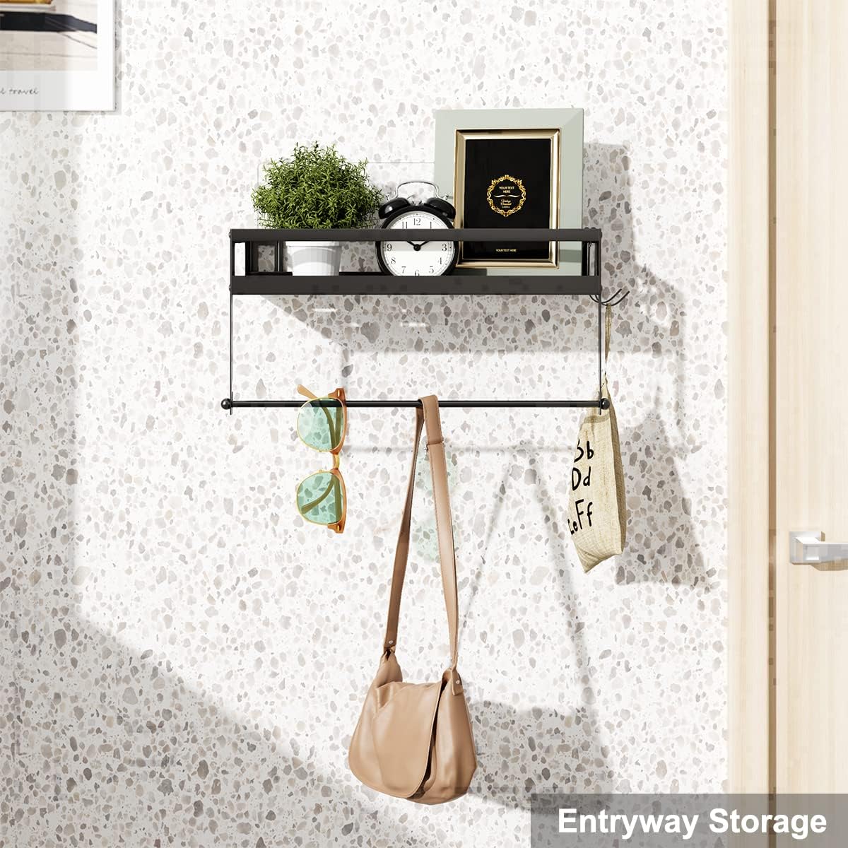 Paper Towel Holder with Shelf, Adhesive No Drill Heavy Duty | SS304 2-in-1 rack & basket, rustproof matte black.