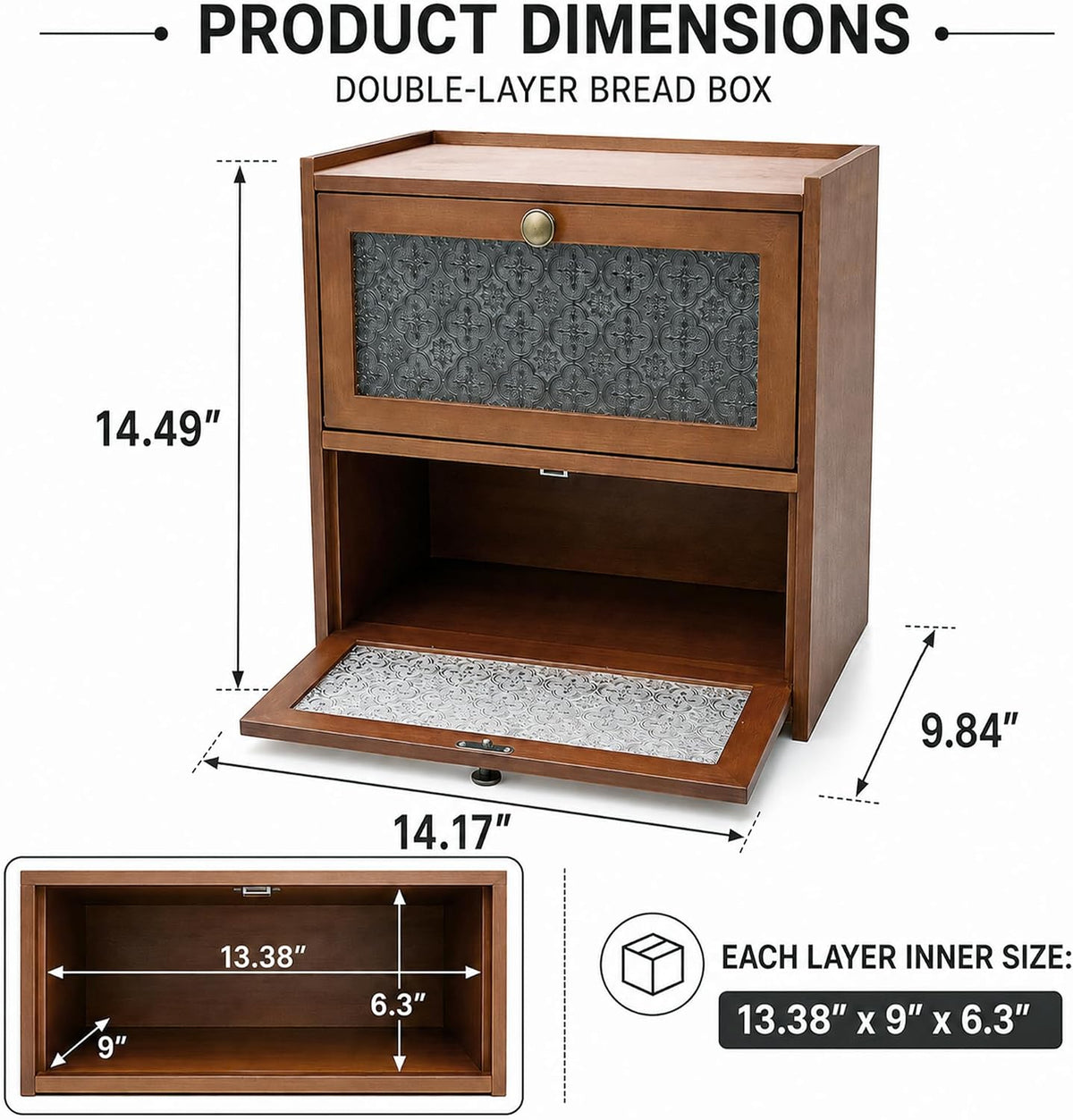 ETMI Vintage Bread Box for Kitchen Countertop - 2 Layer BreadBox Large Carbonized Bamboo Bread Storage Container