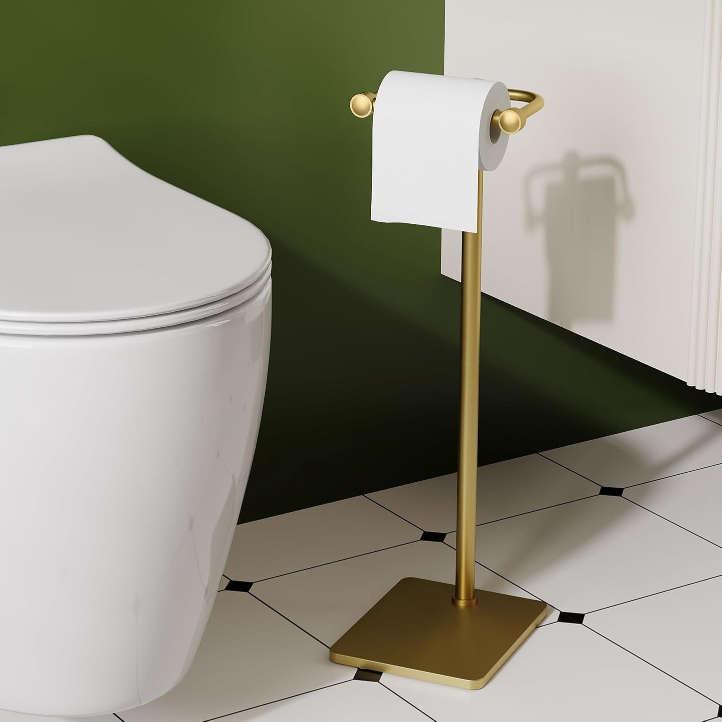 RUACQ Bathroom Toilet Paper Holder Stand, Brushed Gold | Dual-Post Pivoting Free Standing Toilet Roll Holder with