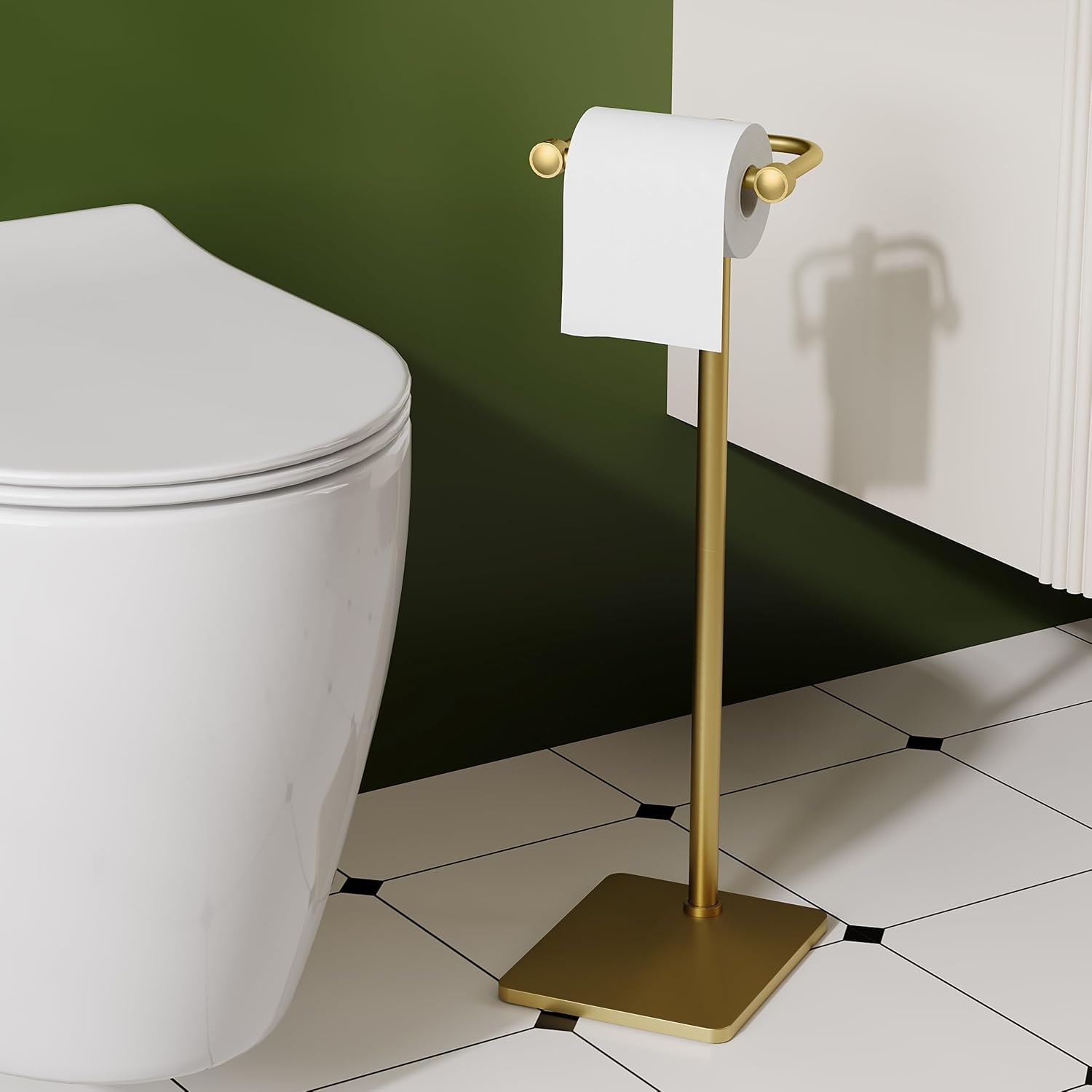 RUACQ Bathroom Toilet Paper Holder Stand, Brushed Gold | Dual-Post Pivoting Free Standing Toilet Roll Holder with