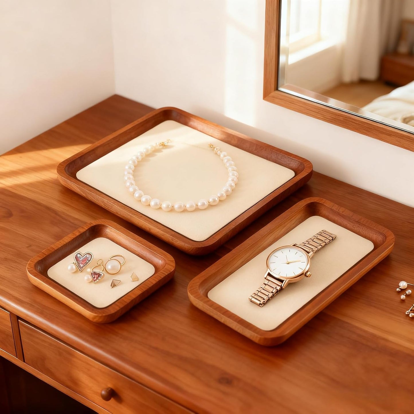 Wooden Jewelry Display Tray Rounded Rectangle Ring / Old Lace / Large-w 7'' x H 0.6'' x L 7.9