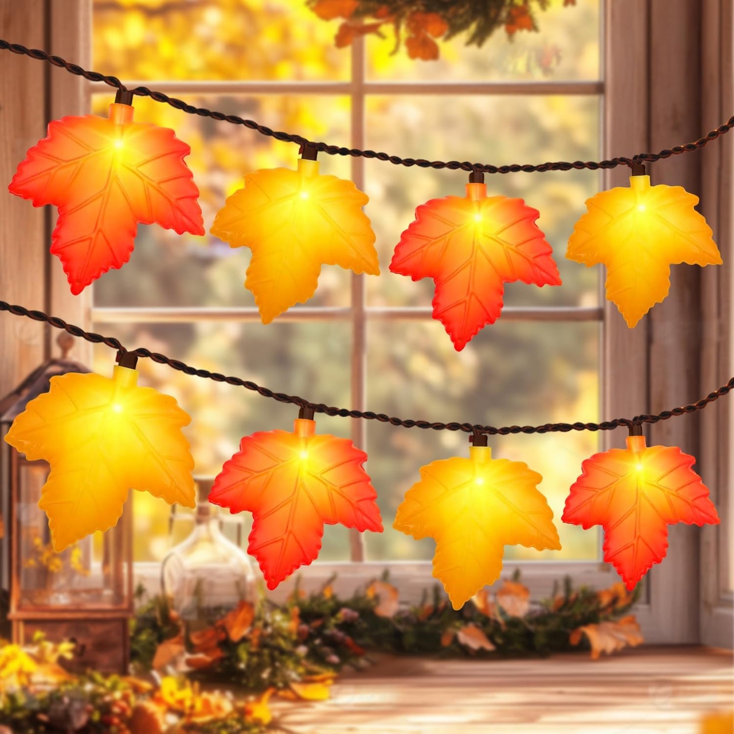 Fall Decorations for Home 9FT Lush Fall Garland with Lights Plug in, 50 Orange Bulbs Fuller and Thicker Fall Leaves