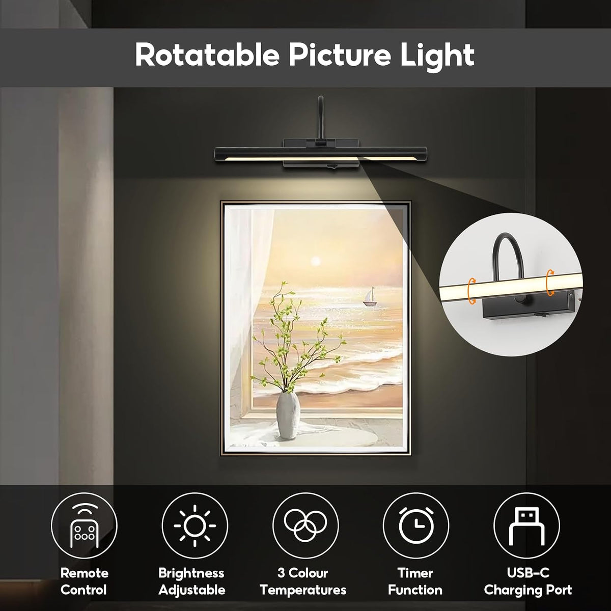 20" Picture Light for Wall Black Rechargeable Wireless Remote Lights Dimmable LED Art Painting Light with 3 Color Temp