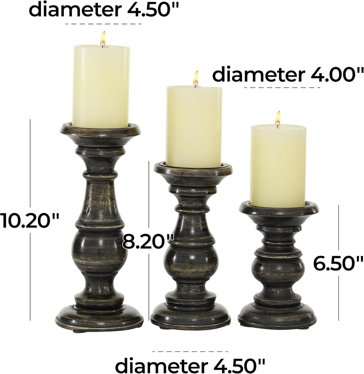 Deco 79 Mango Wood Decorative Candle Holder Distressed Turned Pillar Candle Stand, Set of 3 Candlestick Holder 6", 8"