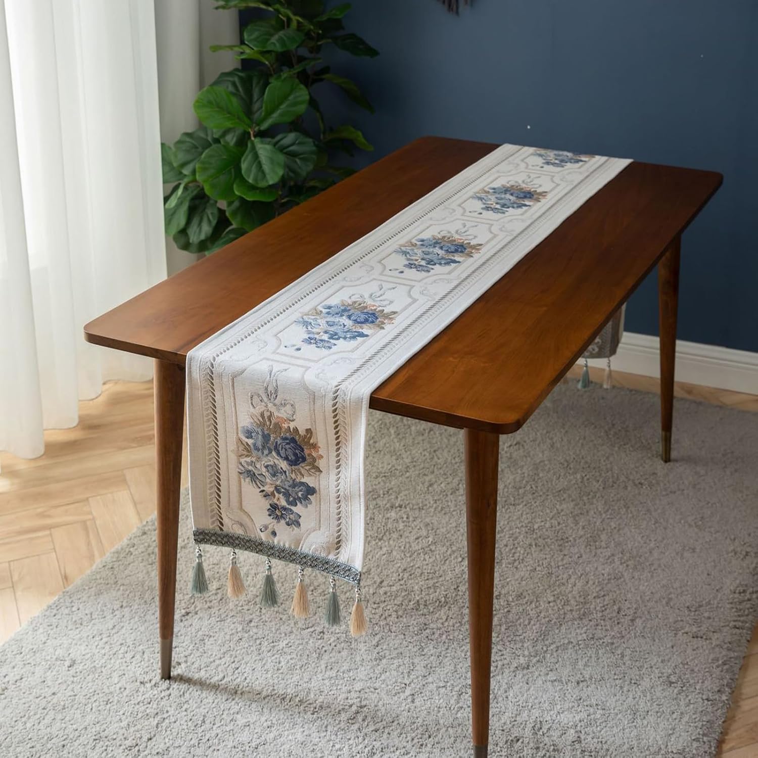 Embroidery Luxury Table Runner, Long White Dining Table Runner, Elegant Jacquard Dresser Scarf with Multi-Tassels for