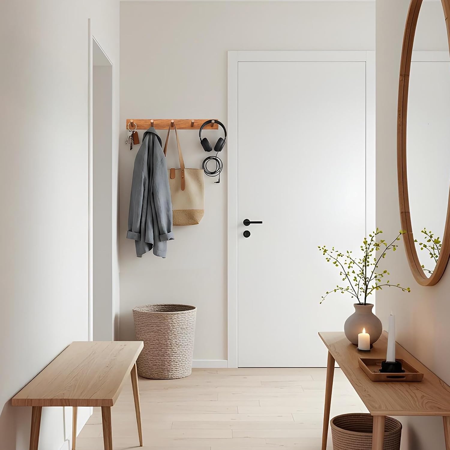 Natural Teak Wall-Mounted Coat Rack (Set of 2, 16'' Hole to Hole) - Farmhouse Entryway Hooks with 5 Wooden Hooks Each