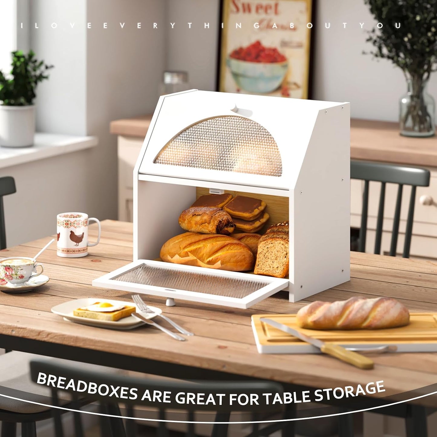 STDDRE Double Layer Bamboo Corner Bread Box with Cutting Board(White) | Extra-large capacity. Double Layer Bread