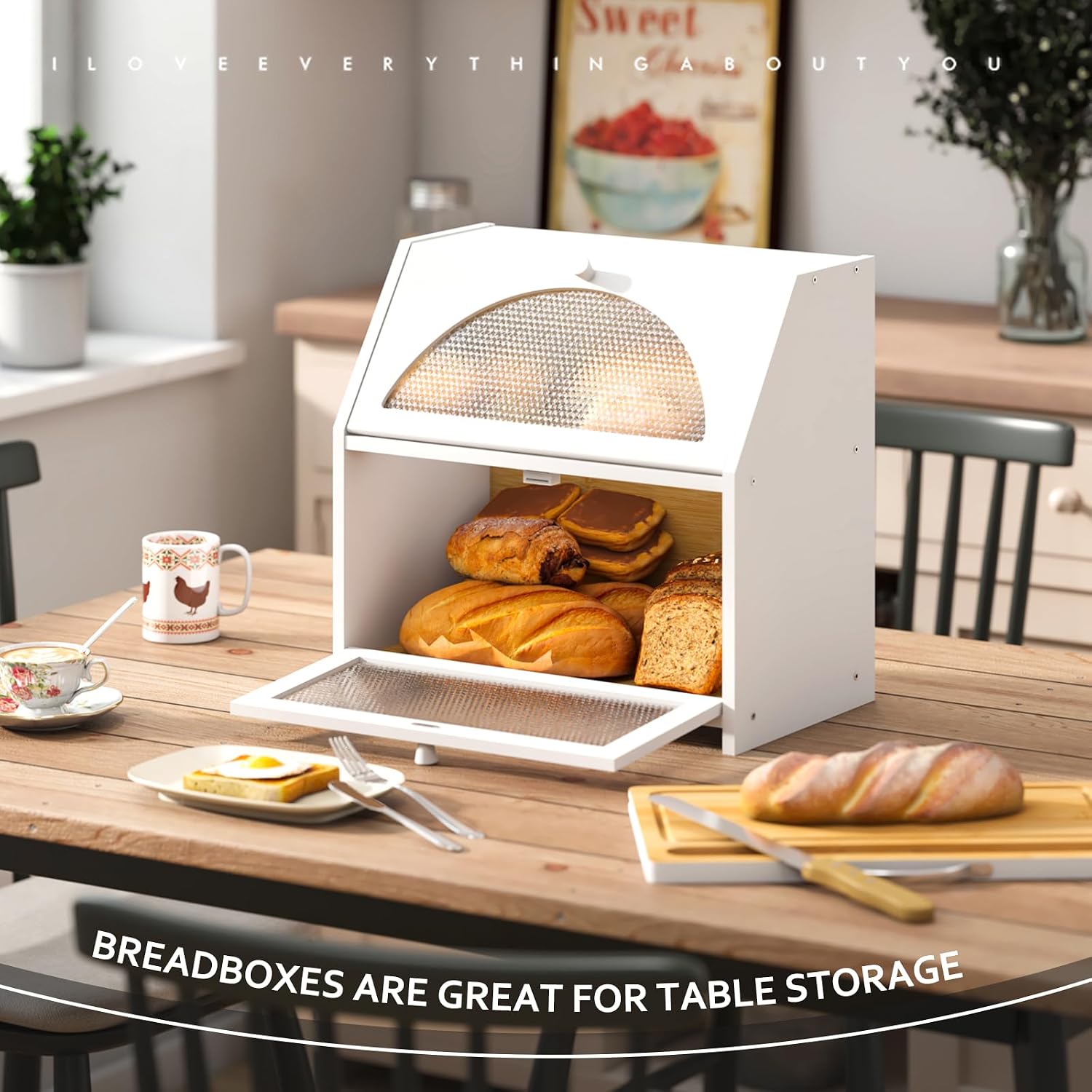 STDDRE Double Layer Bamboo Corner Bread Box with Cutting Board(White) | Extra-large capacity. Double Layer Bread