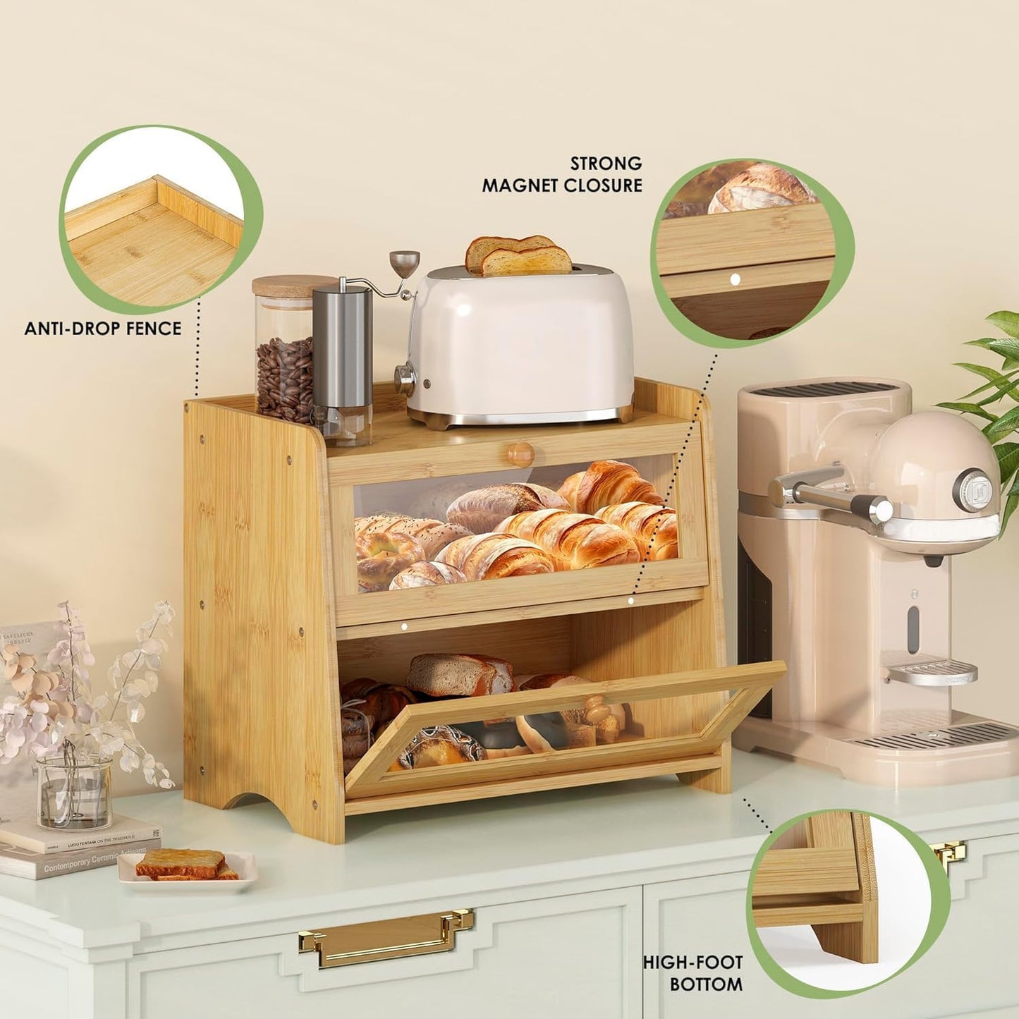 Double Layer Bread Box Container for Kitchen Countertop Homemade Bread | Large Breadbox Storage Wooden Farmhouse Bread