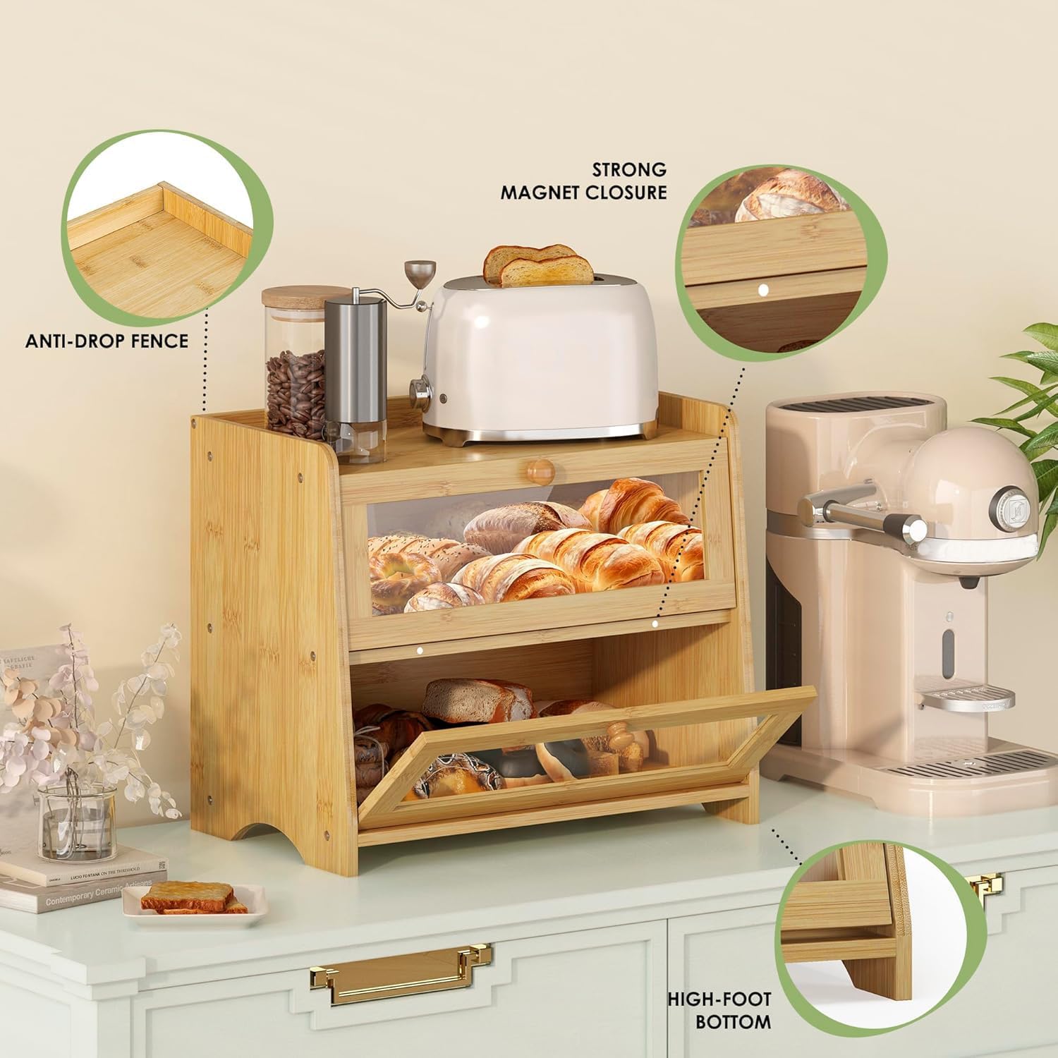 Double Layer Bread Box Container for Kitchen Countertop Homemade Bread | Large Breadbox Storage Wooden Farmhouse Bread