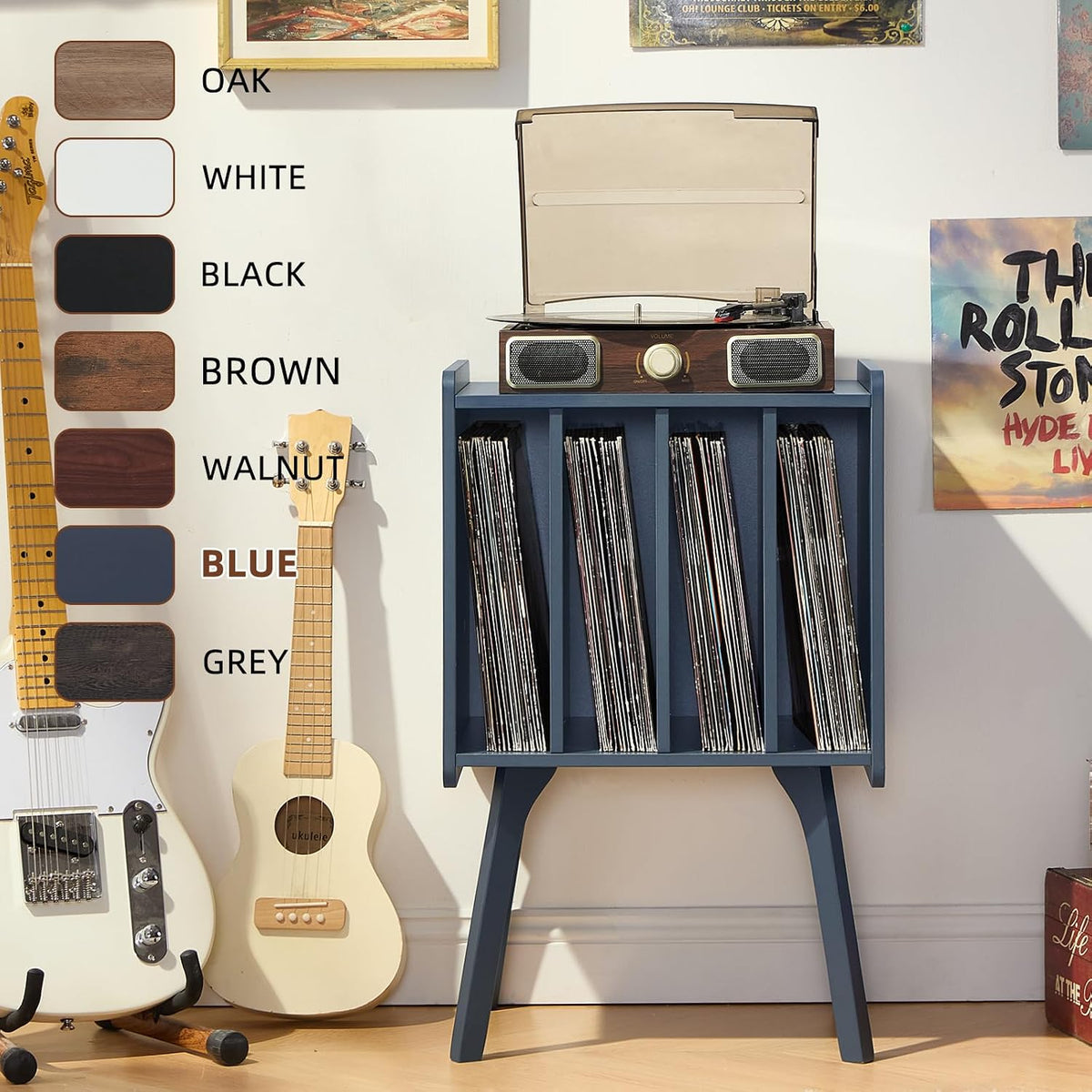 Record Player Stand, Blue Vinyl Record Storage Table for Albums | Mid-Century Modern Turntable Stand with Wood Legs, 4