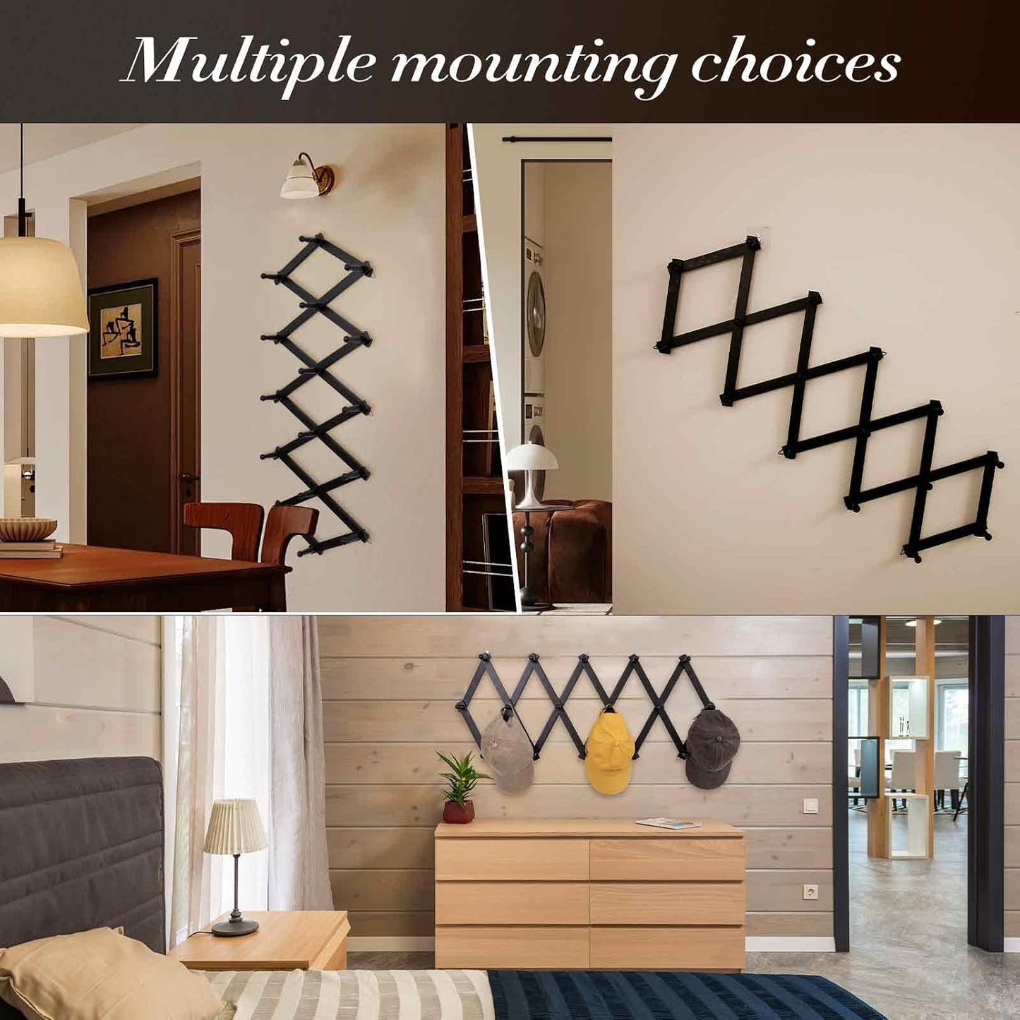 SCUNDA Accordion Wall Hanger with 16 Hooks, Wooden Wall Expandable Coat Rack for Coat, Hats, Baseball Caps, Coffee Mug