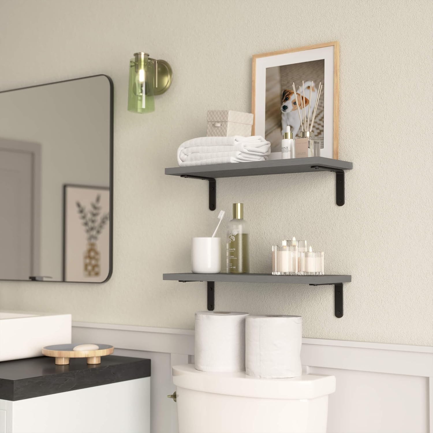 Rustic Wood Bathroom Shelves / Grey / 16.54in / Set of 2