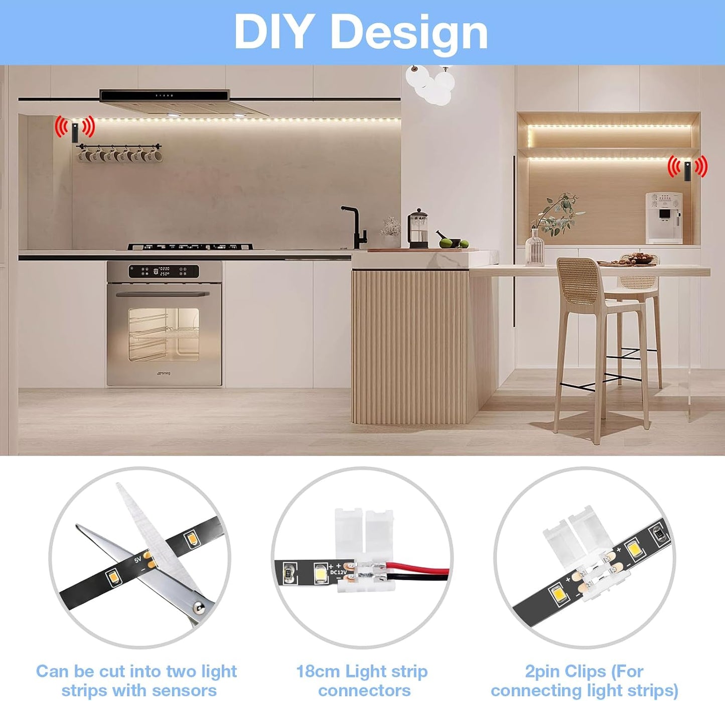 WOBANE Dual Motion Sensor Light Strip, Rechargeable 16.4ft White LED Lights | 150 LEDs Tape Lighting for Stairs,Under