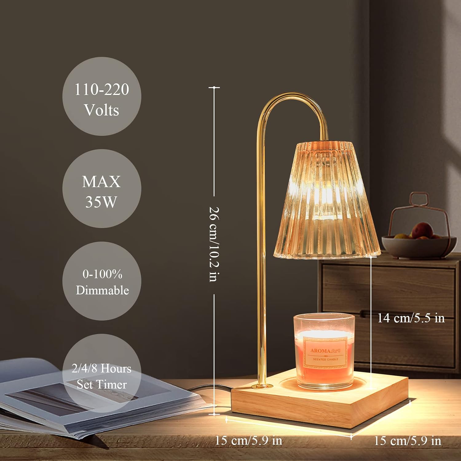 LOTKEY Candle Warmer Lamp, Dimmable Candle Warmer with Timer 2 Bulbs Wood Base Electric Candle Lamp Compatible with Jar
