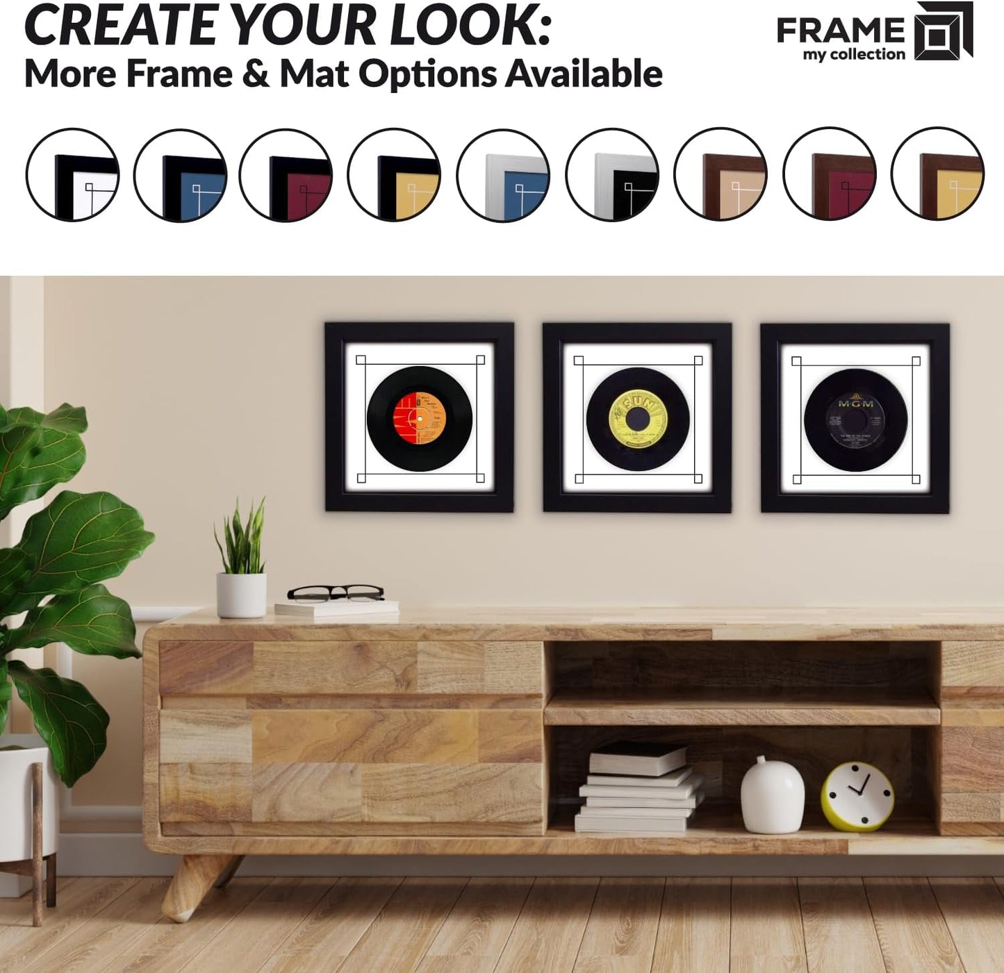 45 RPM Vinyl Record Frame | Wall Mounted Solid Wood Record Display Frame for Single 6 7/8-Inch Vinyl with Yellow Mat