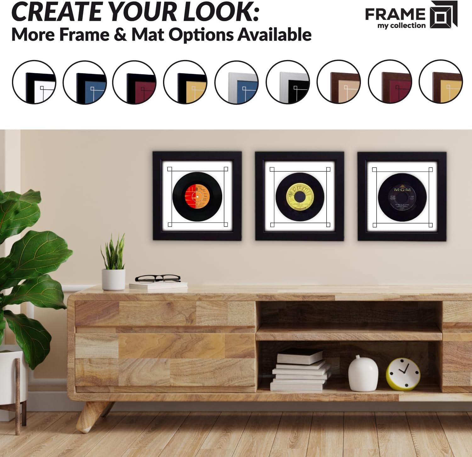 45 RPM Vinyl Record Frame | Wall Mounted Solid Wood Record Display Frame for Single 6 7/8-Inch Vinyl with Yellow Mat
