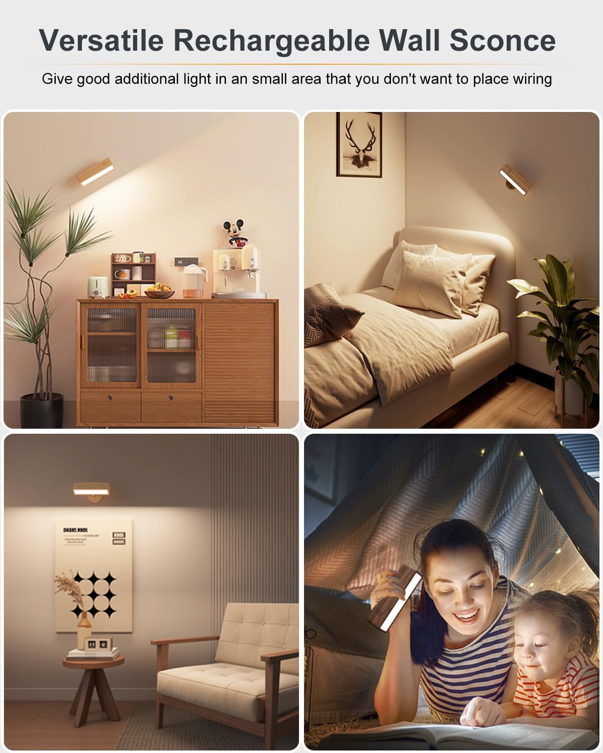 DetarZinLED Battery Operated Wall Sconces Set of 2,Rechargeable Wall Lights Wood,Stick On Wall Lights for Bedroom,Wall