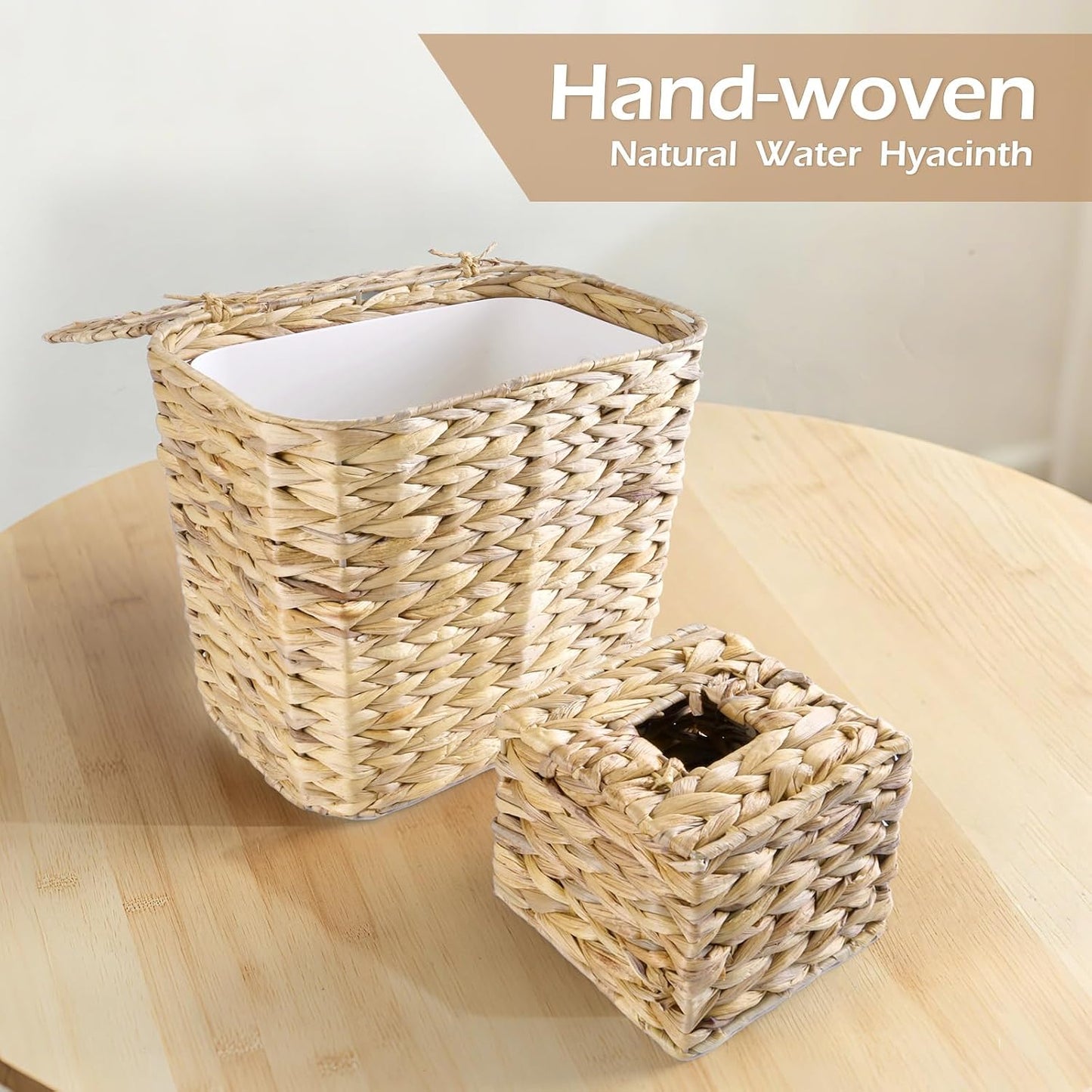 Wicker Trash Can and Handwoven Tissue Box Cover Set Rattan Waste Basket