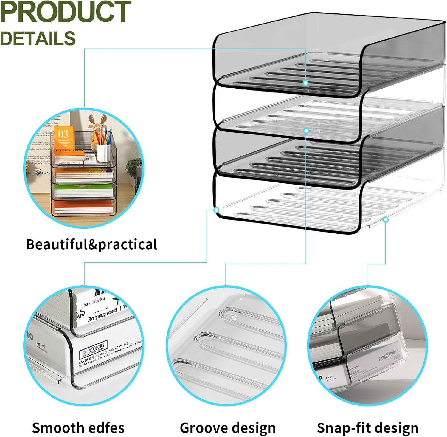 4-Tier Acrylic Paper Tray Organizer / Clear & Brown / 12.6 x 9.6 x 11