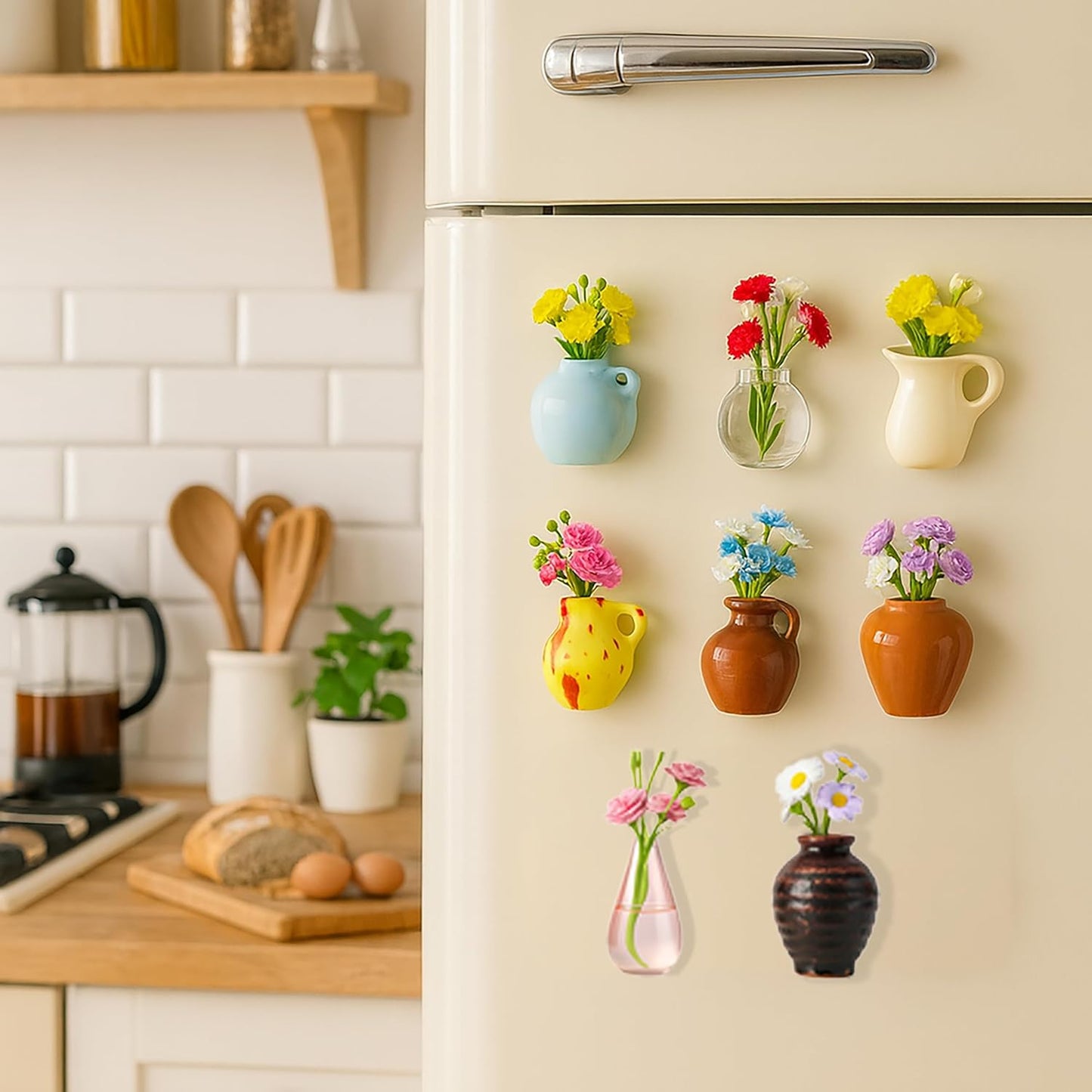 Artificial Flowers / Mini Vase Magnets for Fridge / Multy Color / White / Set of 8