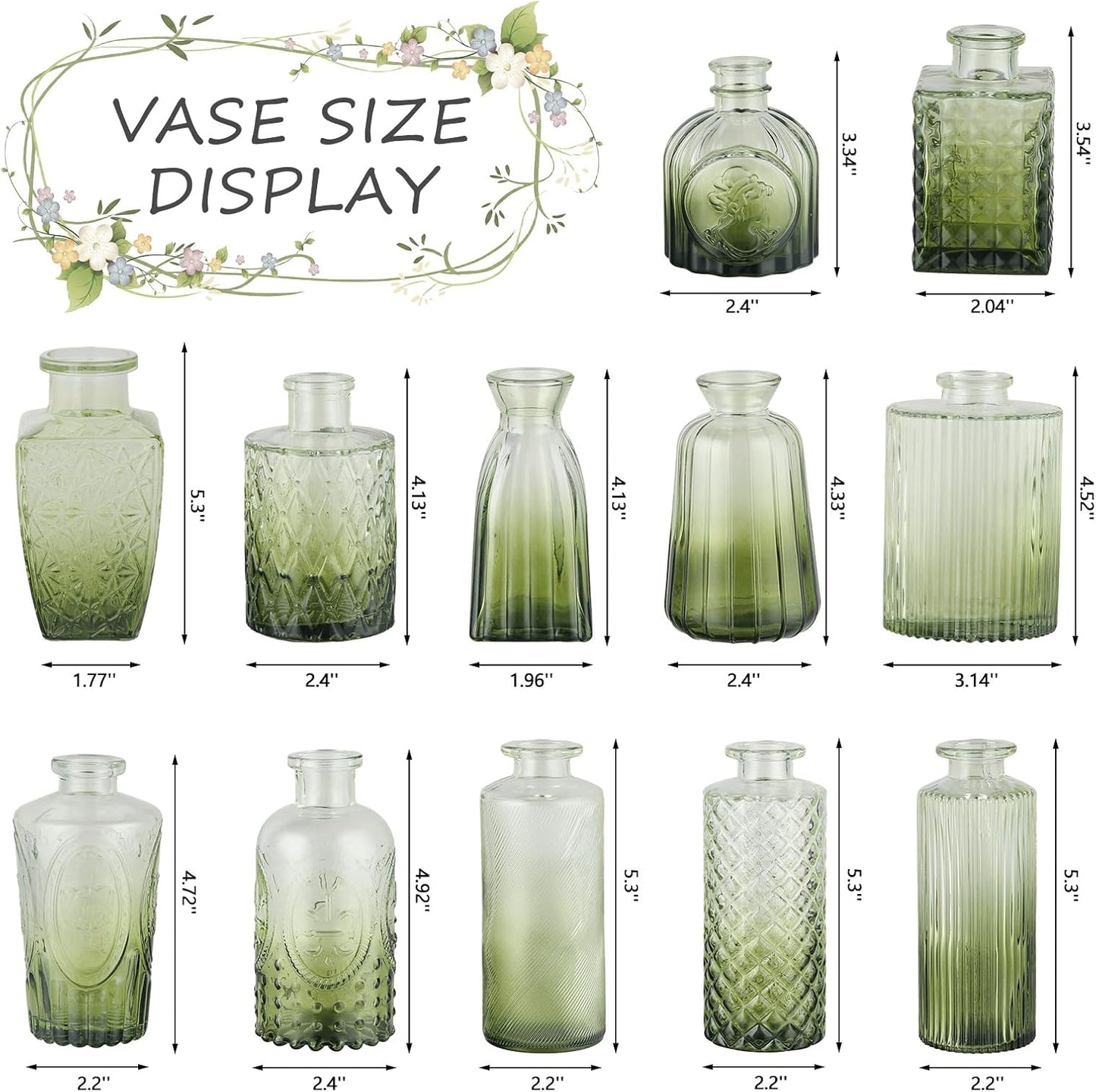 Glass Bud Vases Mini Flower Vase Small Vintage Vases for Centerpiece / Gradient Green / Set of 12