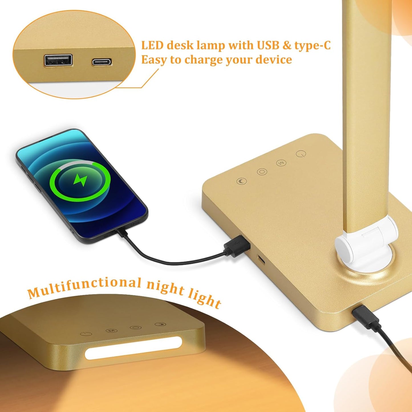 LED Desk Lamp with USB Ports,Touch Desk Lamps for Home Office with 5 Modes | 3 Brightness Desk Light with Small Night