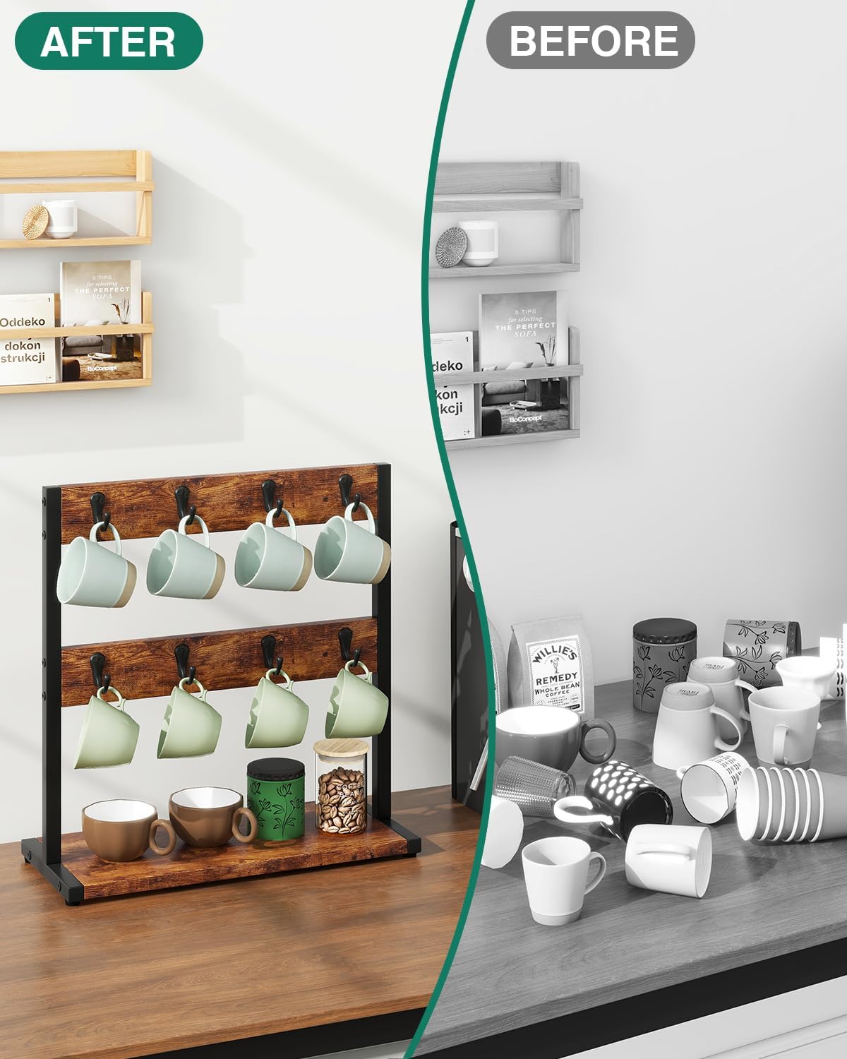 IBUYKE Coffee Mug Holder for Countertop,16 Hook Mug Tree,Brown TBJ001H | Coffee Cup Holder Mug Display Organizer Mug
