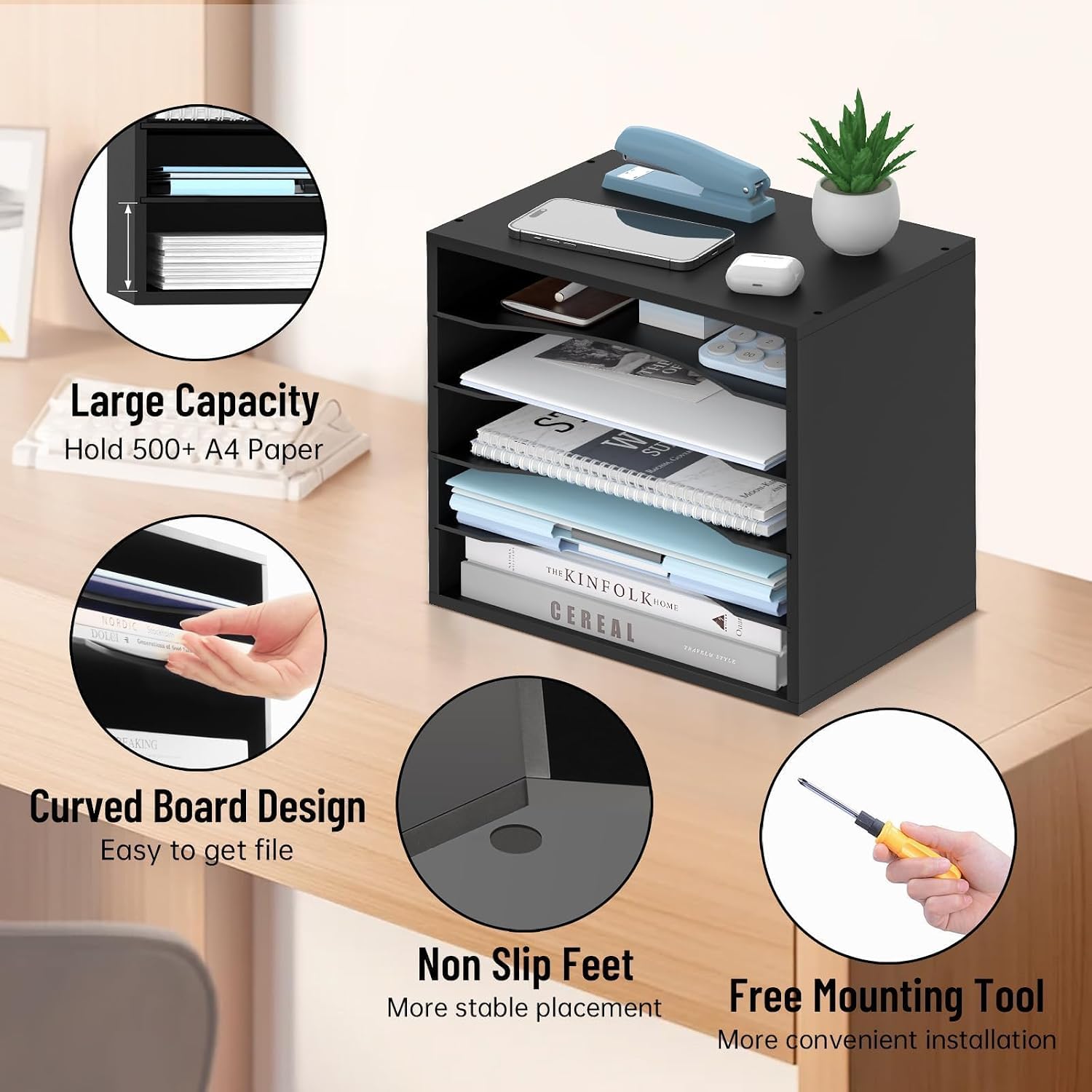 5-Tier Paper Organizer for Desk, Adjustable Mail Organizer, Black | 5-Tier Paper Organizer and Mail Organizer for Desk