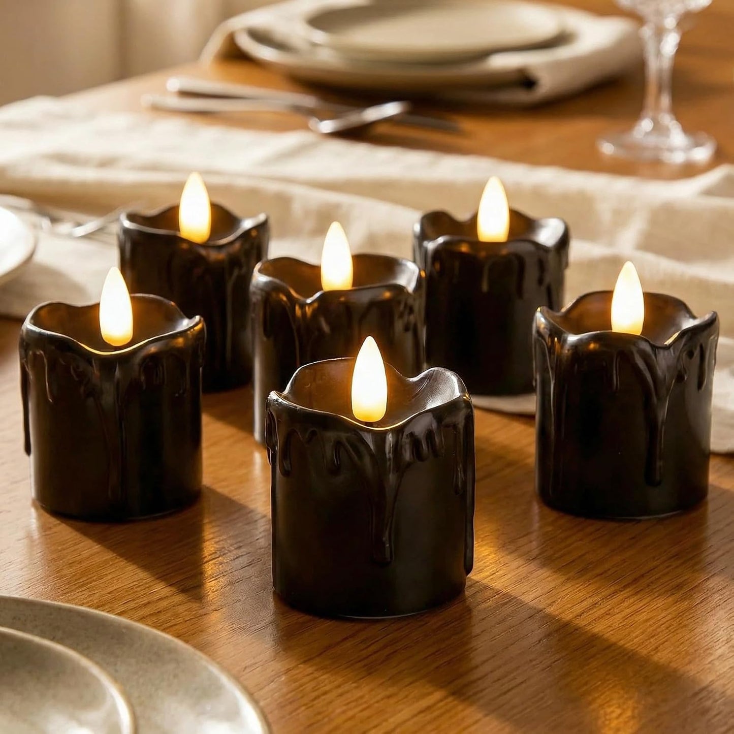 Black Dripping Wax Halloween Flameless Votive Candles with Timer Batteries | Halloween Decorations, 2x2 in Battery LED