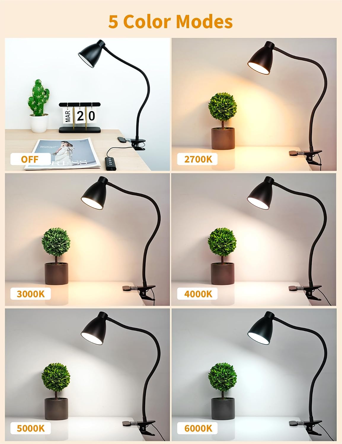 BOHON Desk Lamp 5 Color Modes 10 Brightness Dimmer Reading Light Black | 10W 38 LED Clamp Lamp with Auto Off Timer 360°