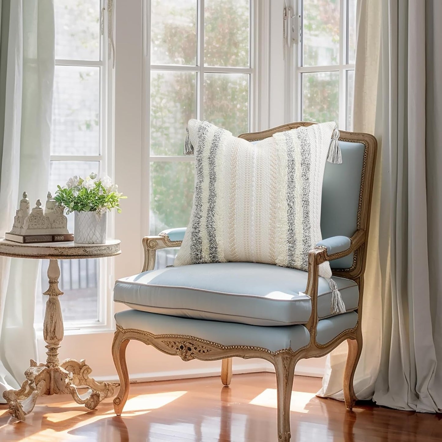 Summer Decorative Boho Throw Pillow Covers / 18 x 18 / Light Grey and Cream White / Set of 2