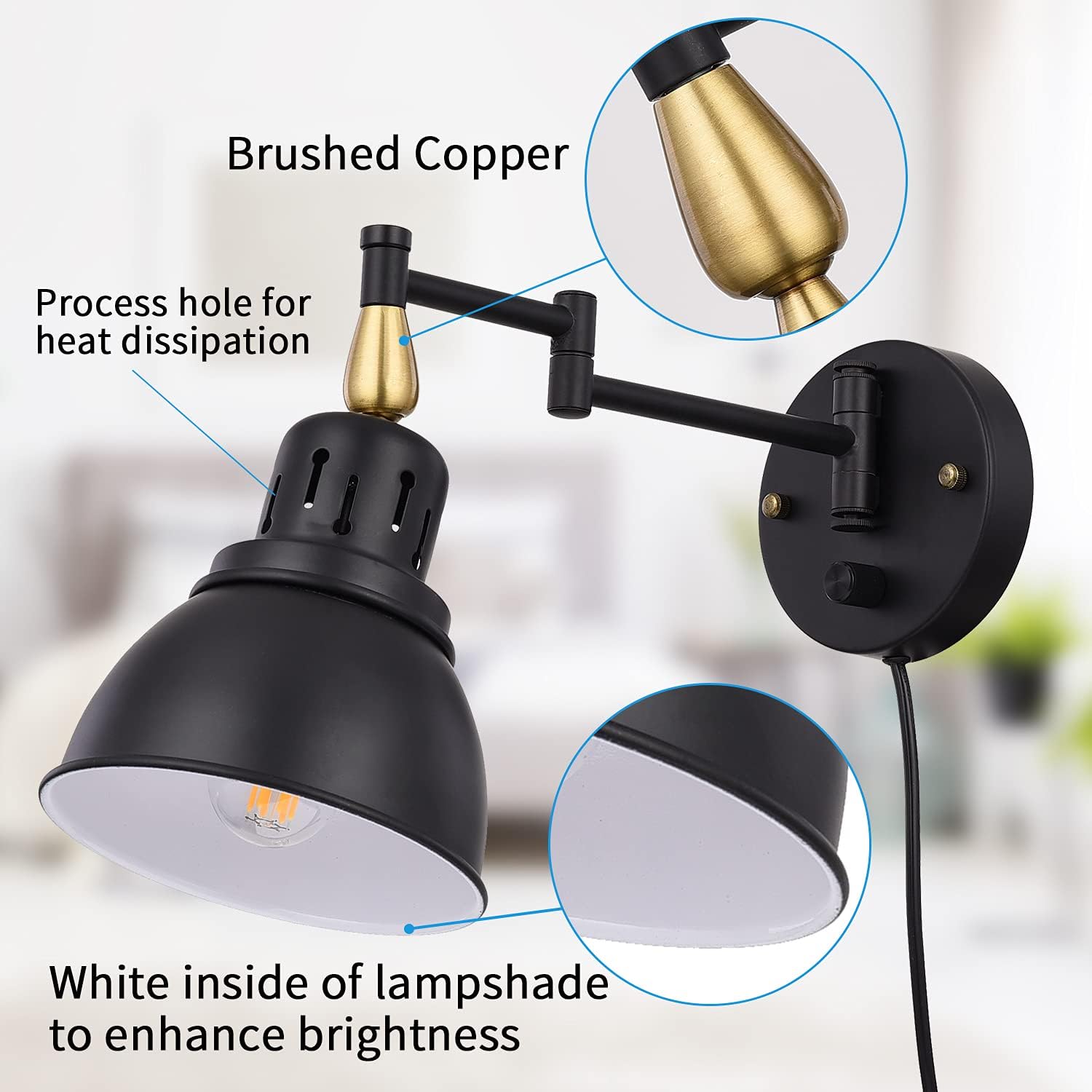 TRLIFE Plug in Wall Sconces, Dimmable Wall Sconces Retractable Swing Arm Wall Lamp with 6FT Plug in Cord and Dimmer