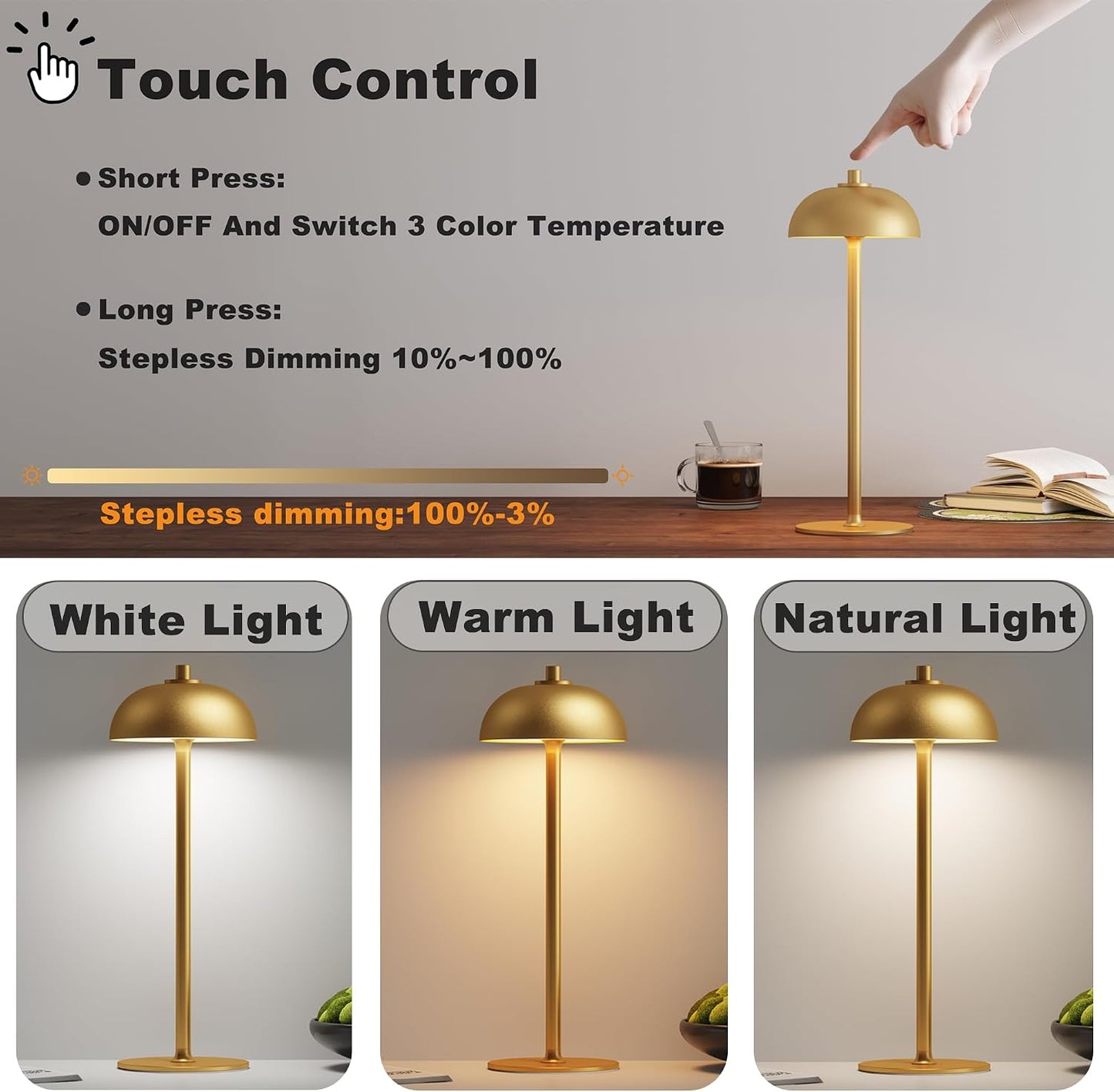 1 Pack Cordless Table Lamp Rechargeable, 5000mAh Battery Table Light | 3 Color Stepless Dimmable LED Table Lamp with