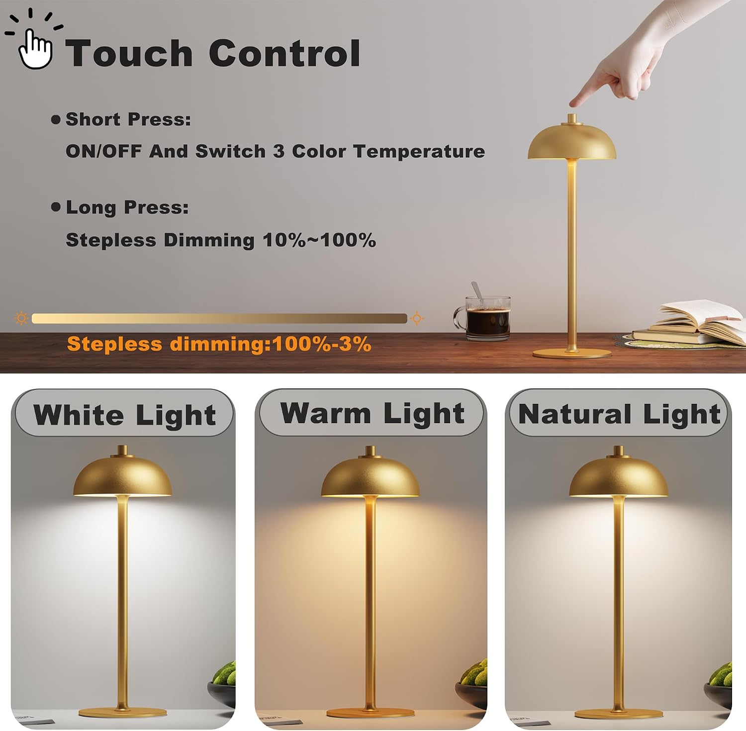 1 Pack Cordless Table Lamp Rechargeable, 5000mAh Battery Table Light | 3 Color Stepless Dimmable LED Table Lamp with