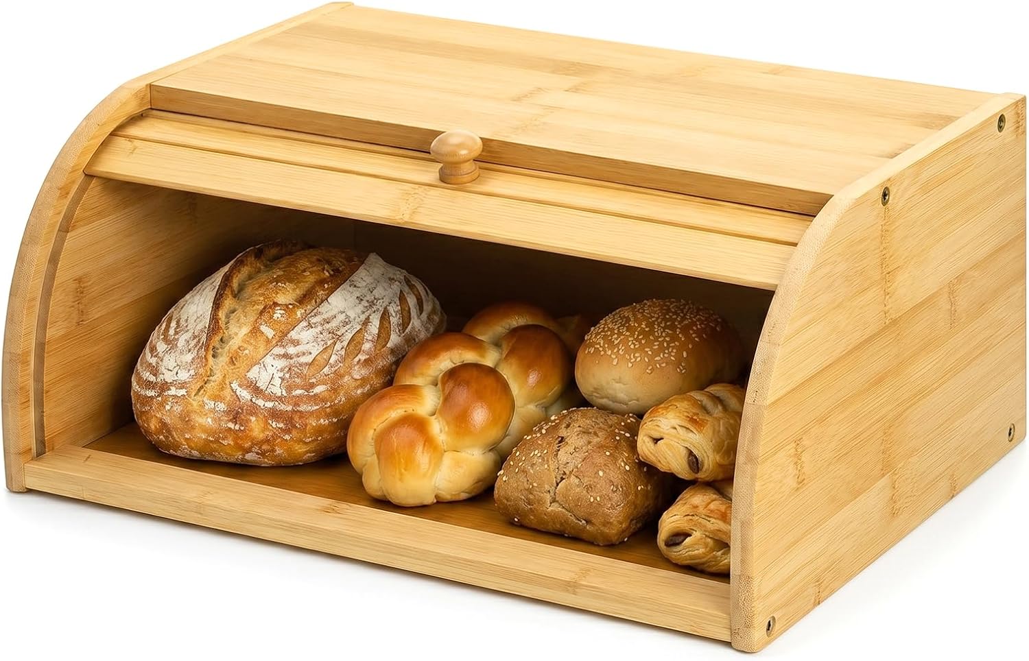 Lawei Bamboo Bread Box, Large Natural Roll Top Wood Bread Box, Countertop Bread Storage Bin, Bread Boxes Holder for