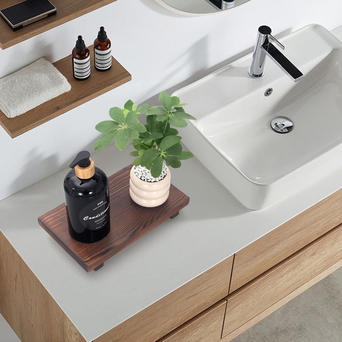 Farmhouse Wooden Bathroom Tray Small Kitchen Countertop Trays Decorative Wood / 10 x 6 x 1.6 / Brown
