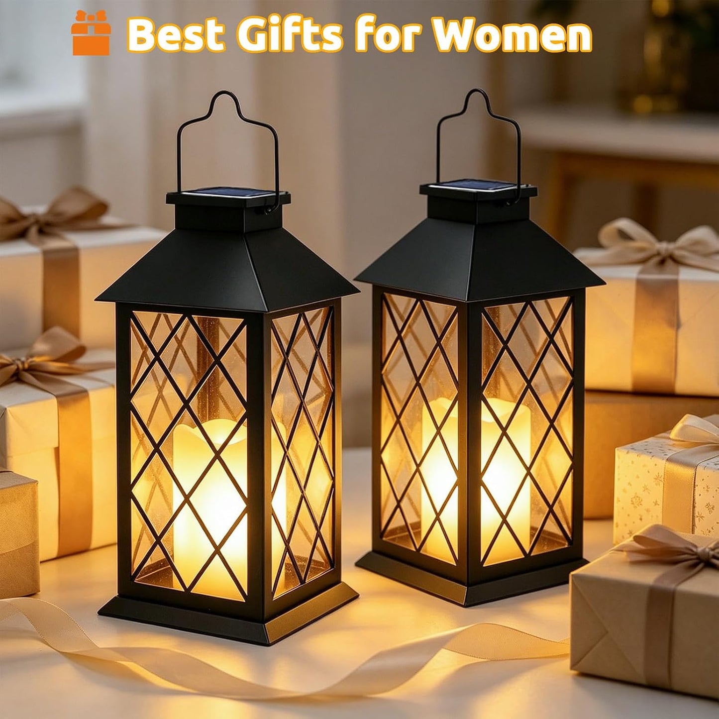 2 Pack 9" Medium Tempered Glass Solar Lanterns Outdoor Waterproof | Hanging Solar Lights with Flickering Flameless