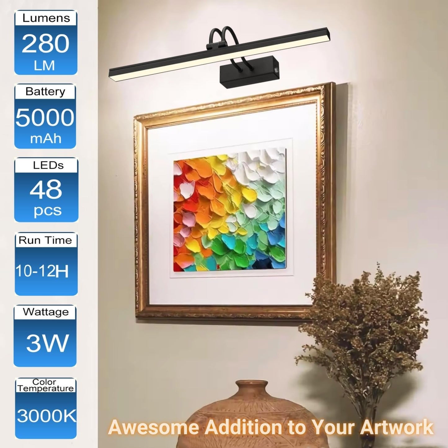 Wireless Wall Picture Light Rechargeable, 16", Black | 5000mAh Battery Operated Gallery Lights with Remote Timer, 280LM
