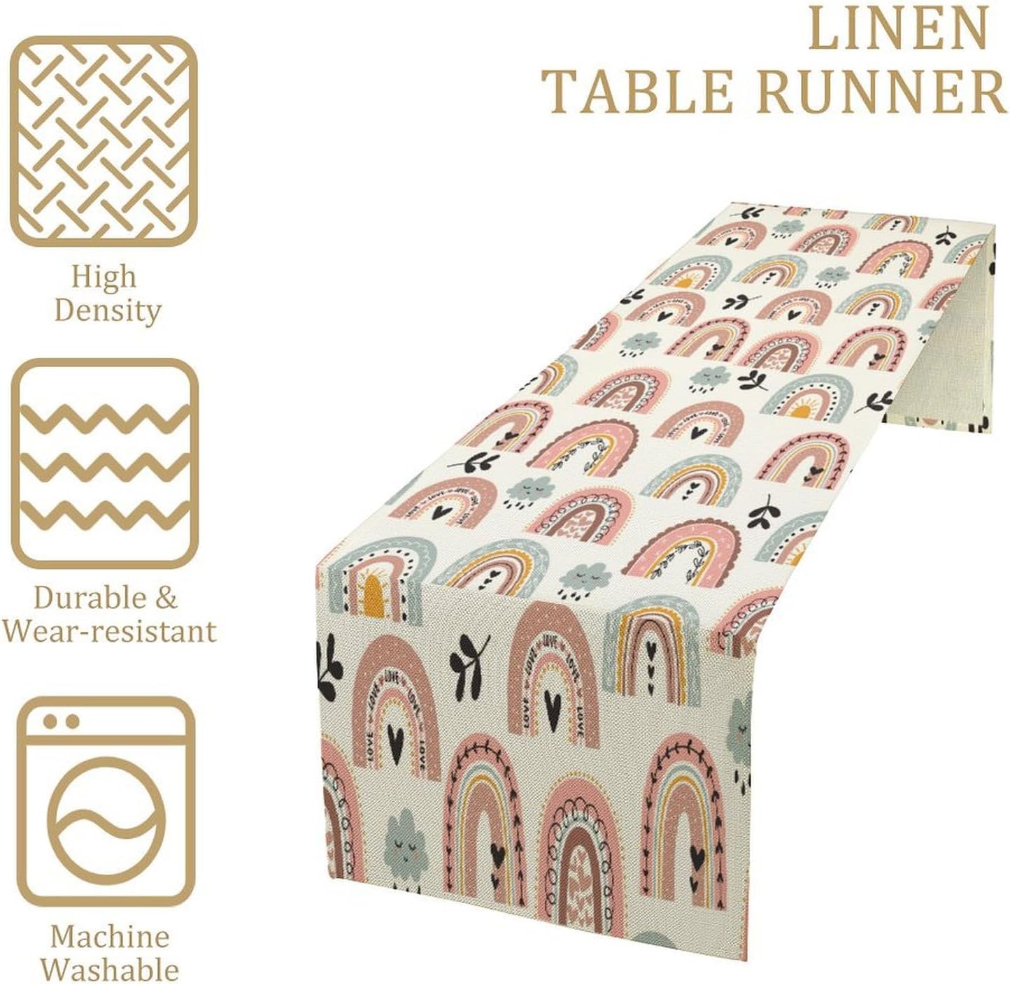 Boho Rainbow Table Runner Abstract Cute Cartoon Star and Leaf Pattern Printed Linen Table Runner for Home Kitchen