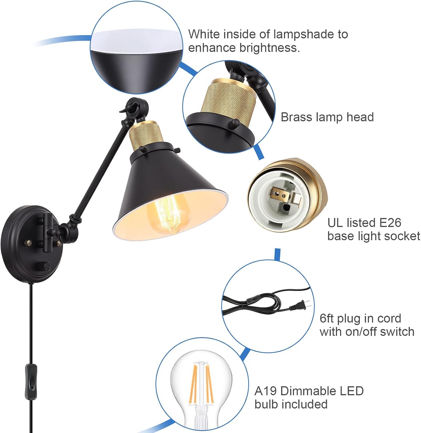TRLIFE Wall Sconce Plug in, Dimmable Wall Sconce Wall Lights with Plug in Cord and Dimmer On/Off Knob Switch, Swing Arm