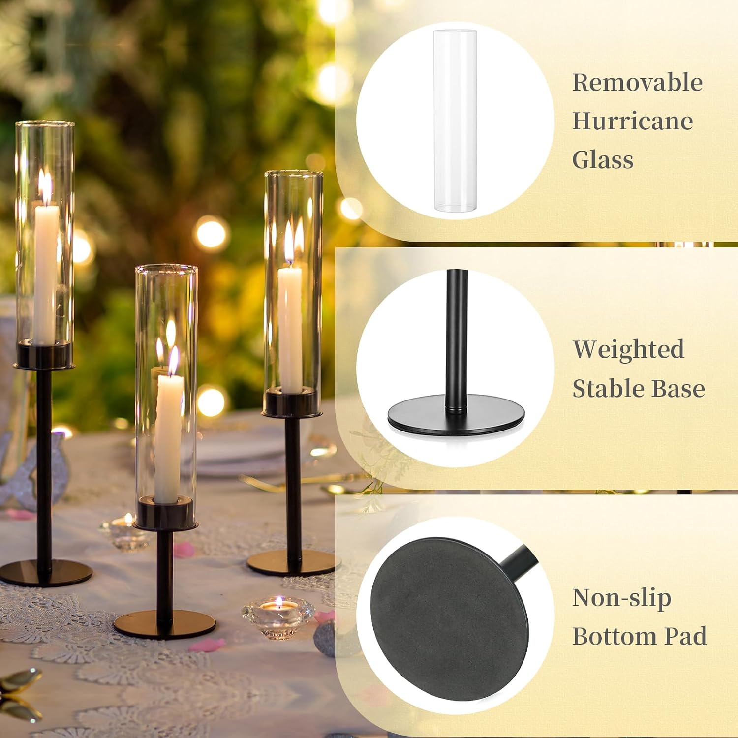 Hewory Black Candlestick Holders: 6PCS Glass Hurricane with Metal Base | Elegant Tall Taper Candle Holders at 3