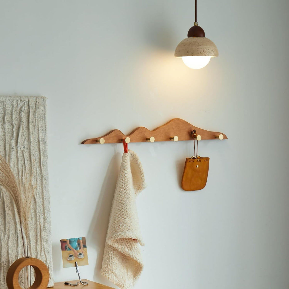 Wall Coat Rack Cherry Wood 6 Hooks | Elegant, Solid Coat Hanger, Wall Mount with Brass Hooks, Moisture-Resistant Wax