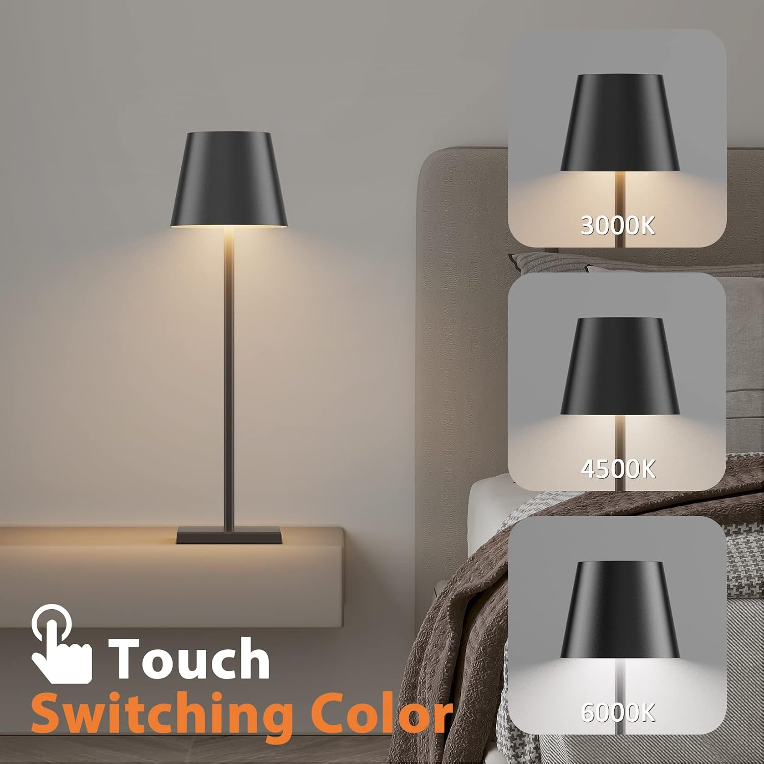 2 Pack Cordless LED Table Lamp Black, 5500mAh Battery Powered Table Light, 3 Color Temperatures Stepless Dimmable